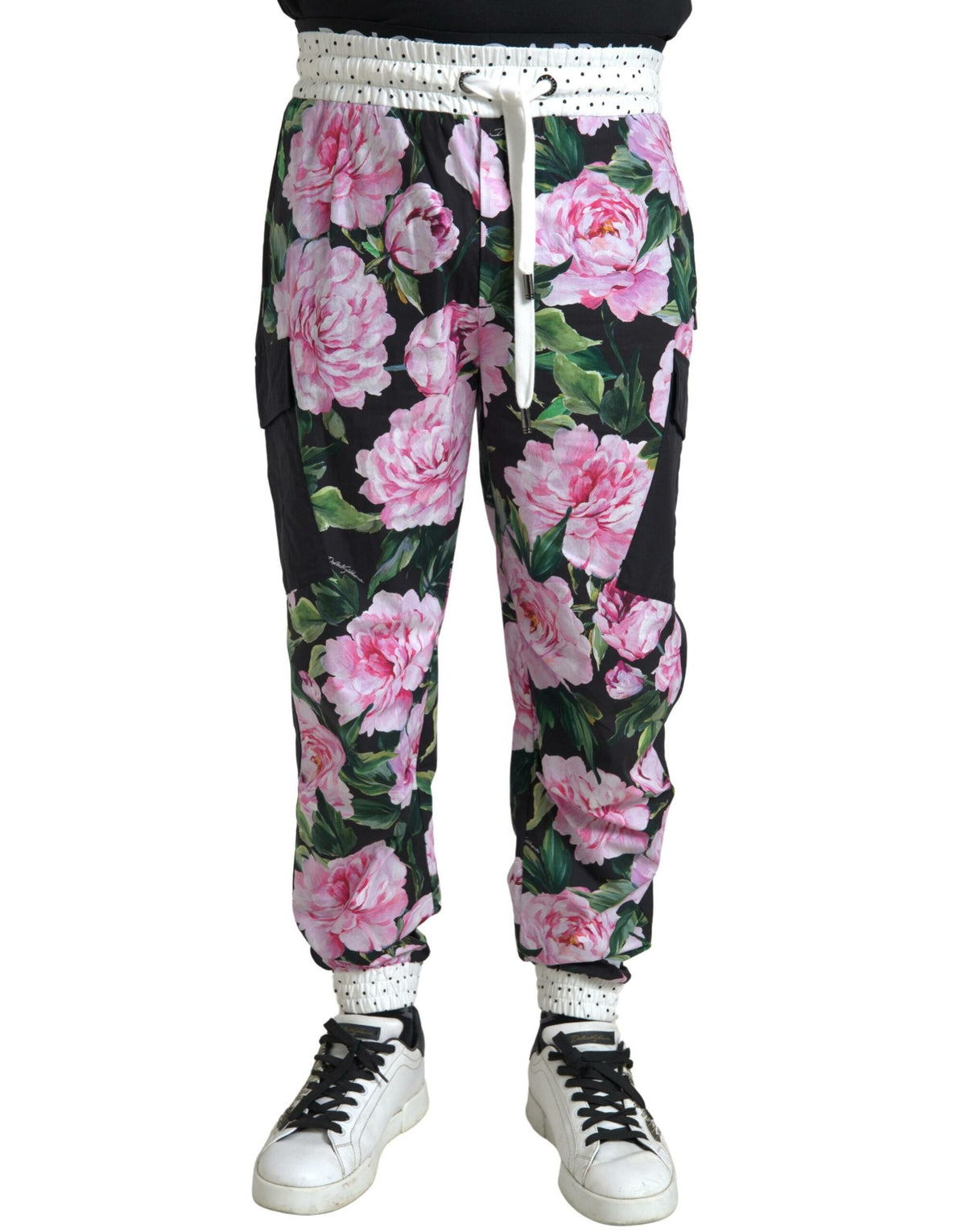 Multicolor peony print cotton joggers for men by Dolce & Gabbana, featuring comfortable tapered fit and vibrant floral design.