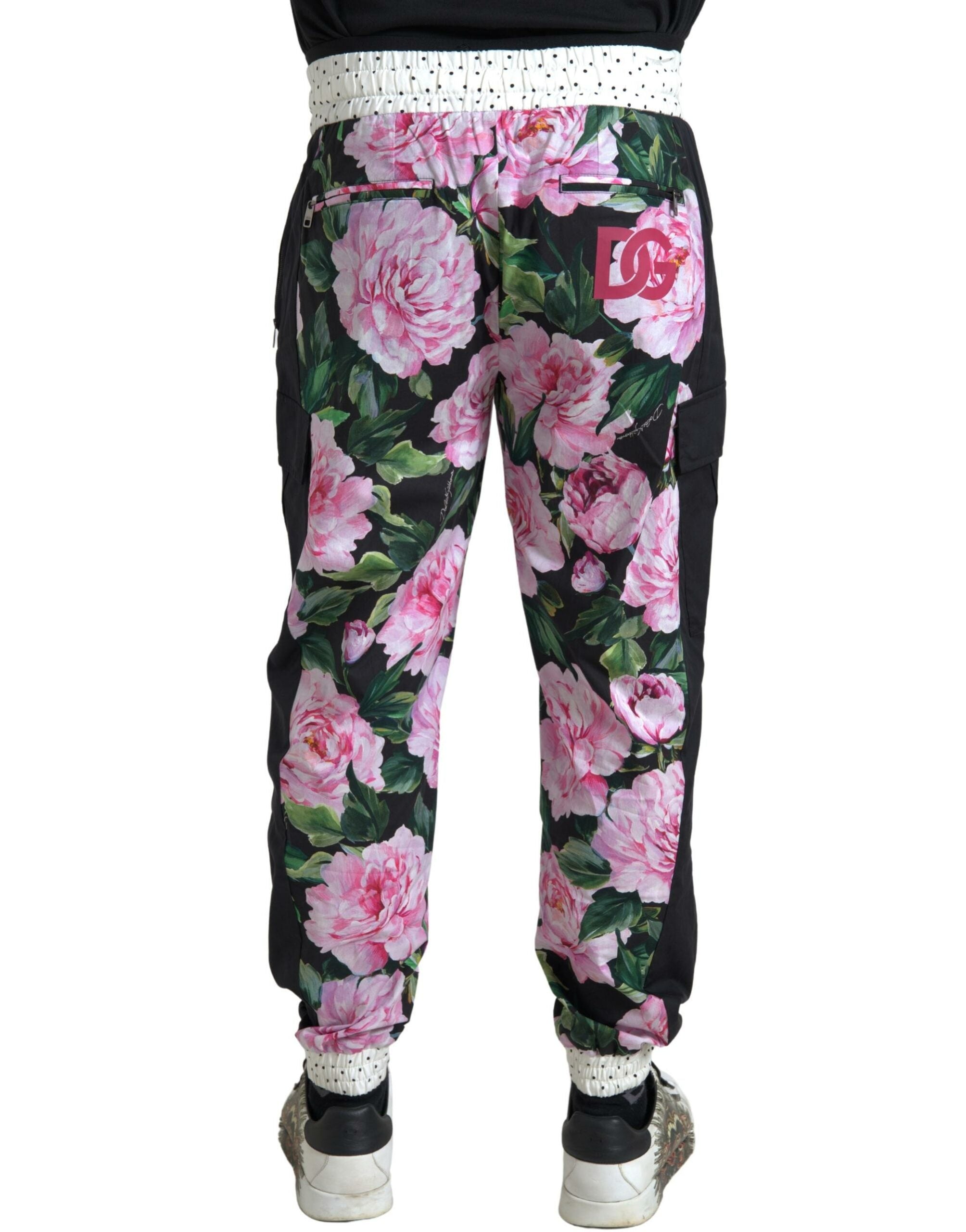Multicolor peony print cotton joggers for men by Dolce & Gabbana, featuring a relaxed fit and stylish floral design.