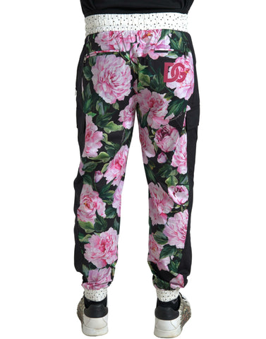 Multicolor peony print cotton joggers for men by Dolce & Gabbana, featuring a relaxed fit and stylish floral design.