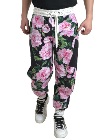 Multicolor peony print cotton joggers for men by Dolce & Gabbana, featuring a relaxed fit and vibrant floral design.