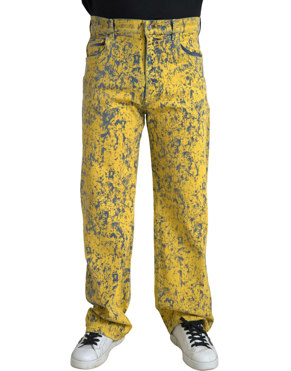 Yellow cotton tie-dye straight denim jeans by Dolce & Gabbana, showing the colorful, casual fit and stylish design.