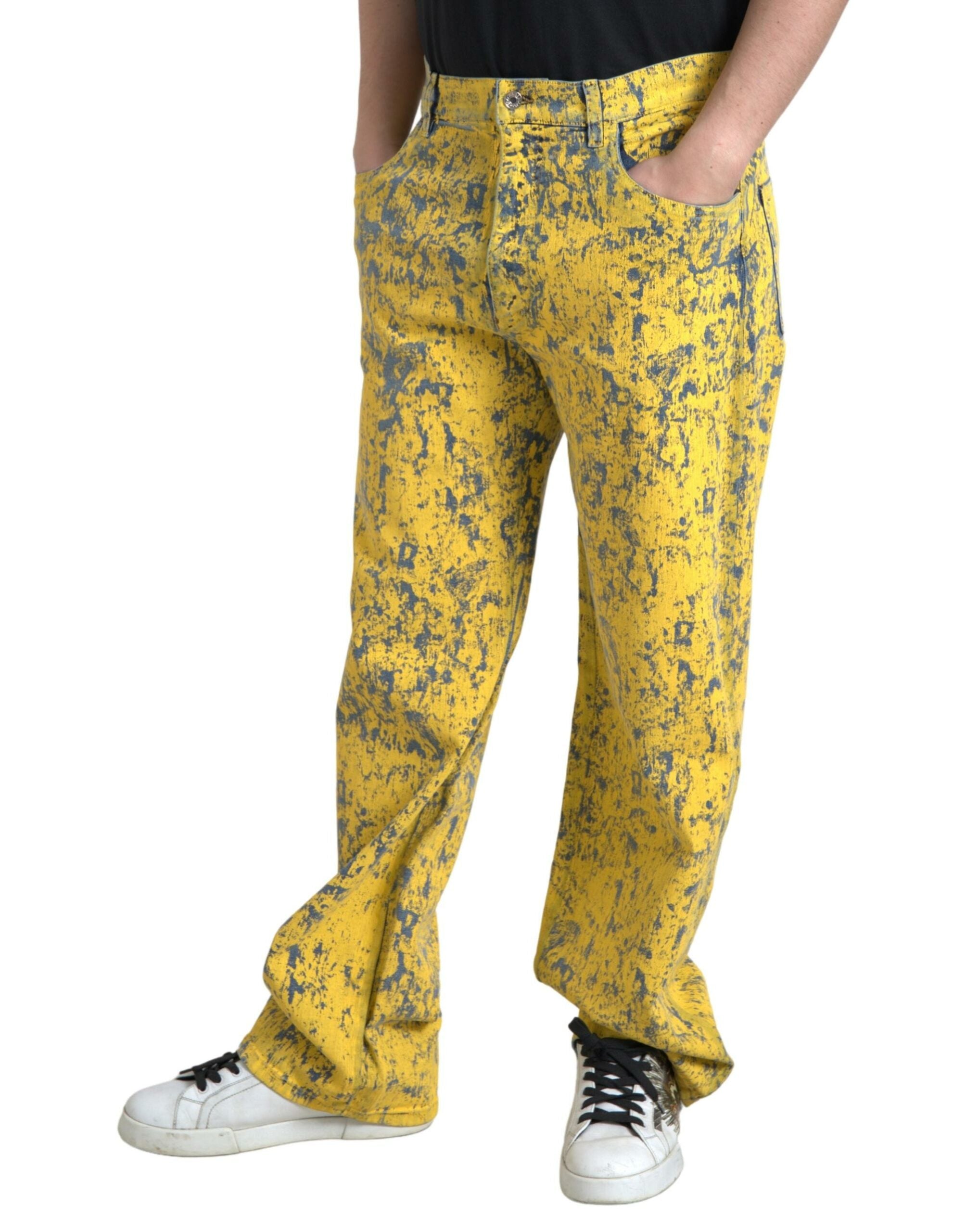 Yellow cotton tie-dye straight denim jeans by Dolce & Gabbana, showcasing vibrant color and classic denim fit.