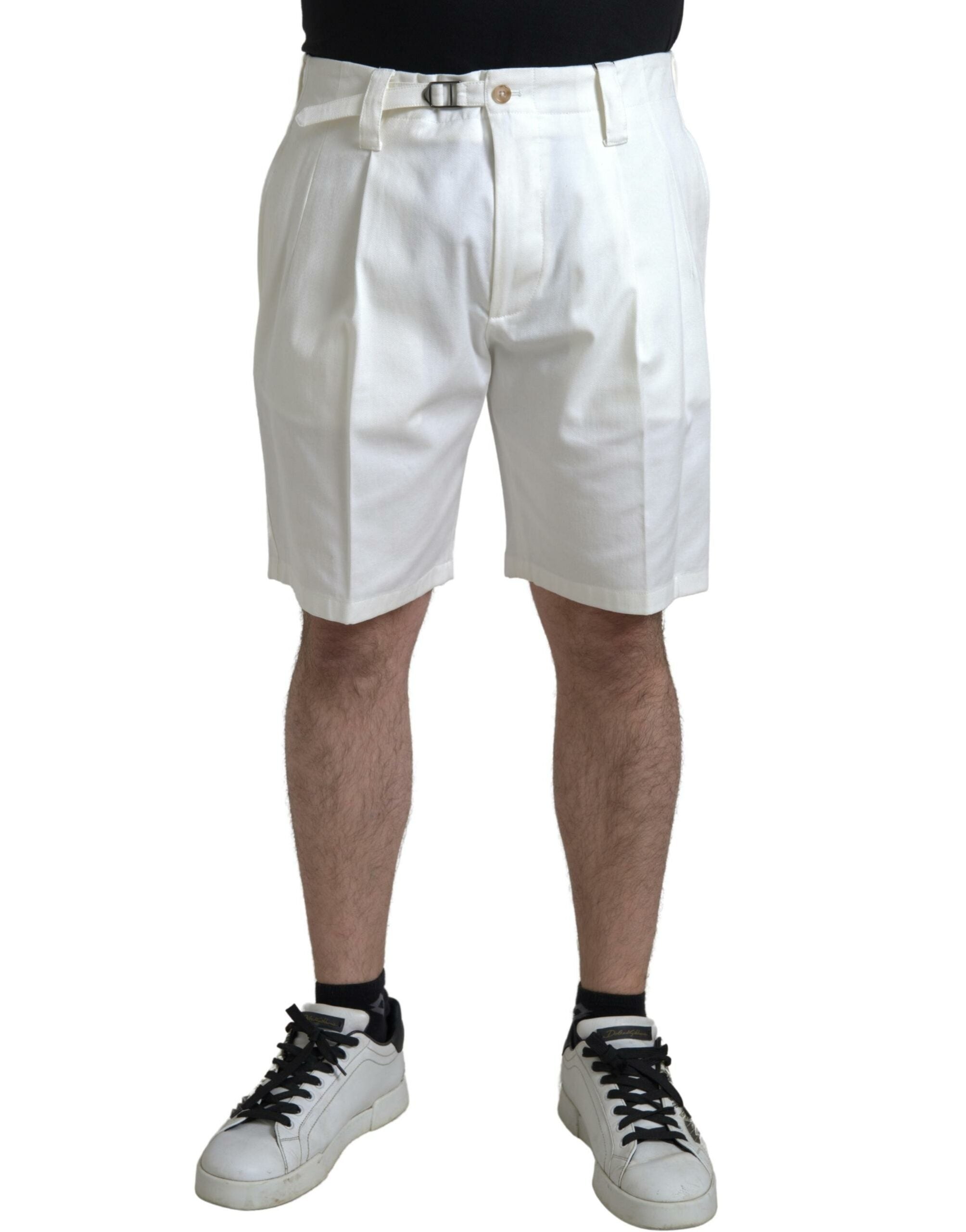 White cotton stretch men's Bermuda denim shorts by Dolce & Gabbana, featuring a casual fit and classic denim style.