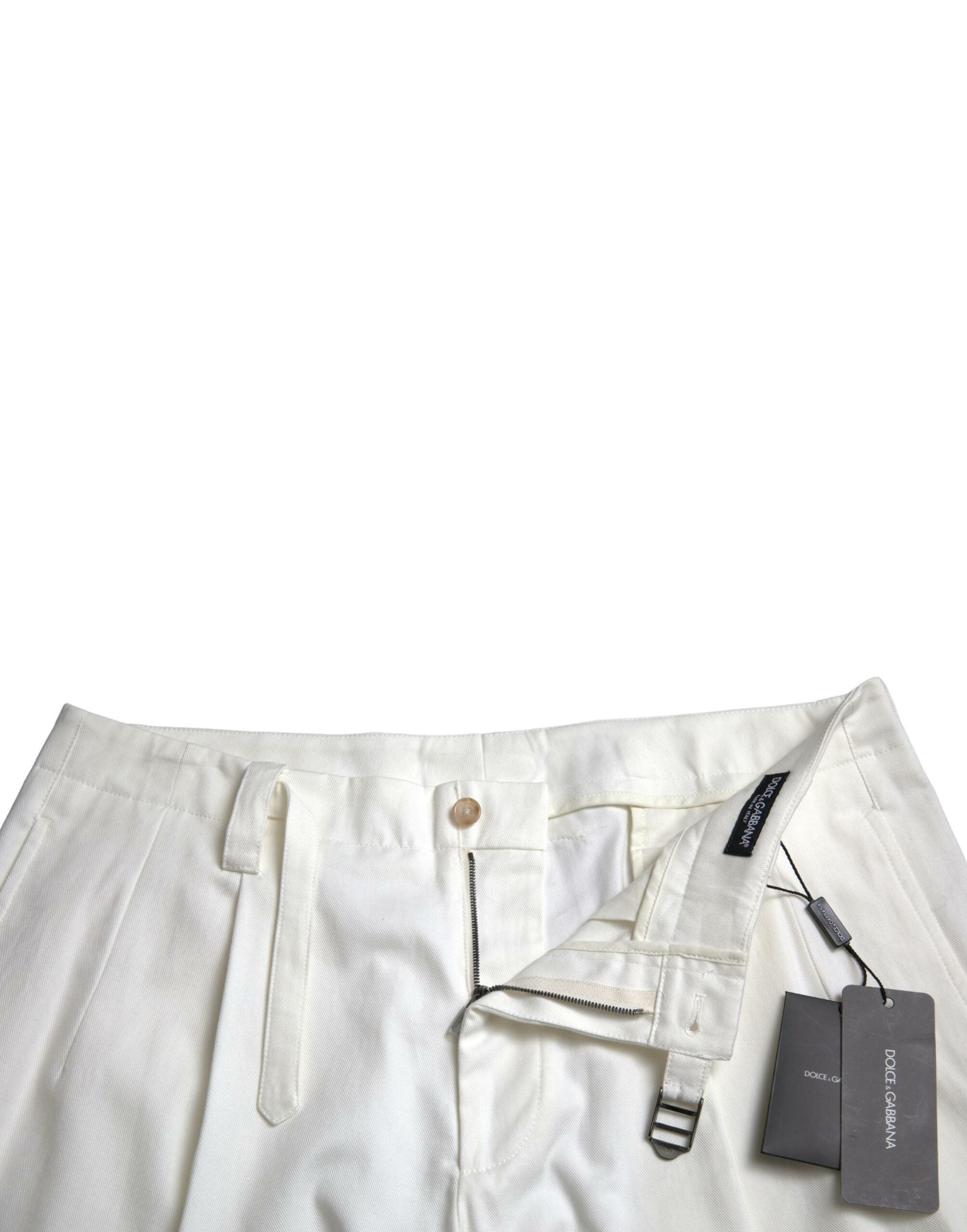 White cotton stretch men's Bermuda denim shorts by Dolce & Gabbana, featuring a casual fit and classic denim style.