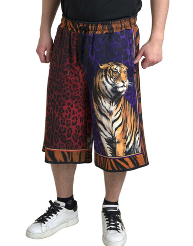 Multicolor tiger print men's Bermuda shorts by Dolce & Gabbana, stylish casual shorts with bold animal pattern.