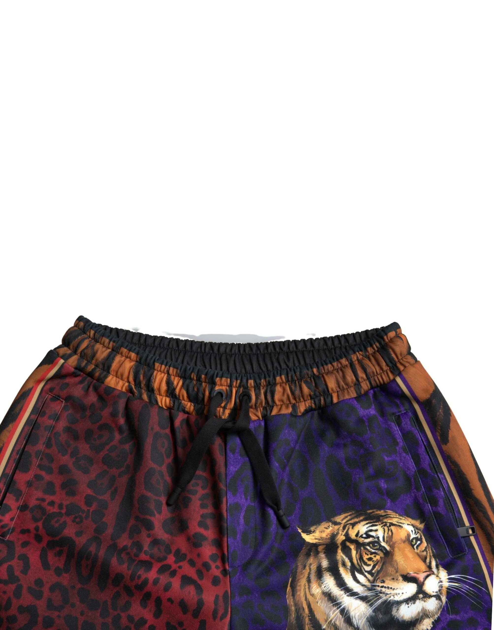 Multicolor tiger print men's Bermuda shorts by Dolce & Gabbana featuring bold animal pattern and casual summer style.