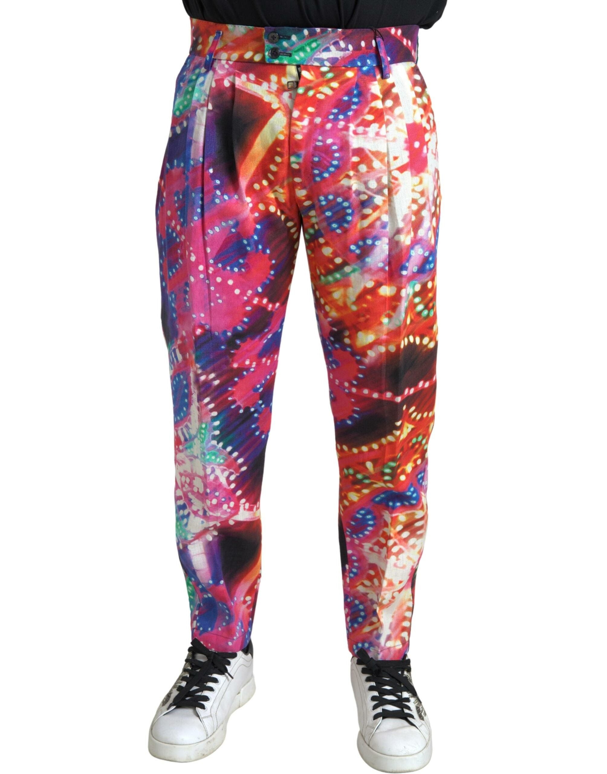 Multicolor printed linen men's trouser pants by Dolce & Gabbana, featuring a vibrant, stylish design and relaxed fit.