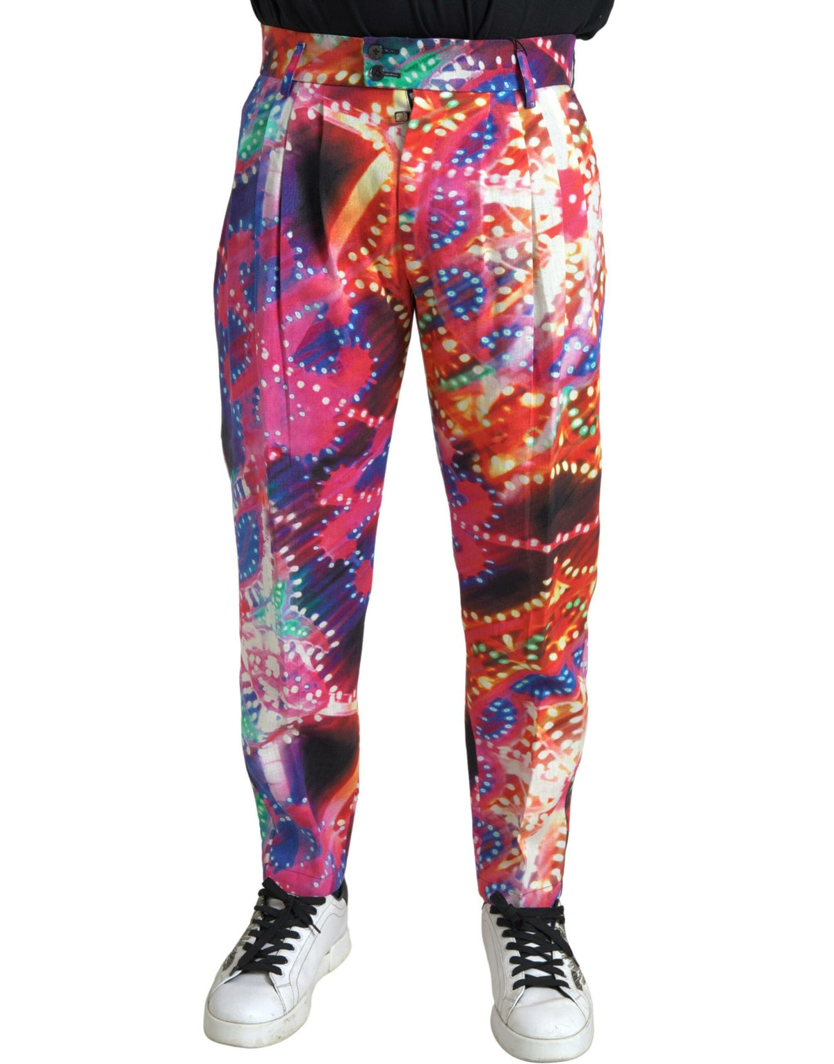 Multicolor printed linen men's trouser pants by Dolce & Gabbana, featuring a vibrant, stylish design and relaxed fit.
