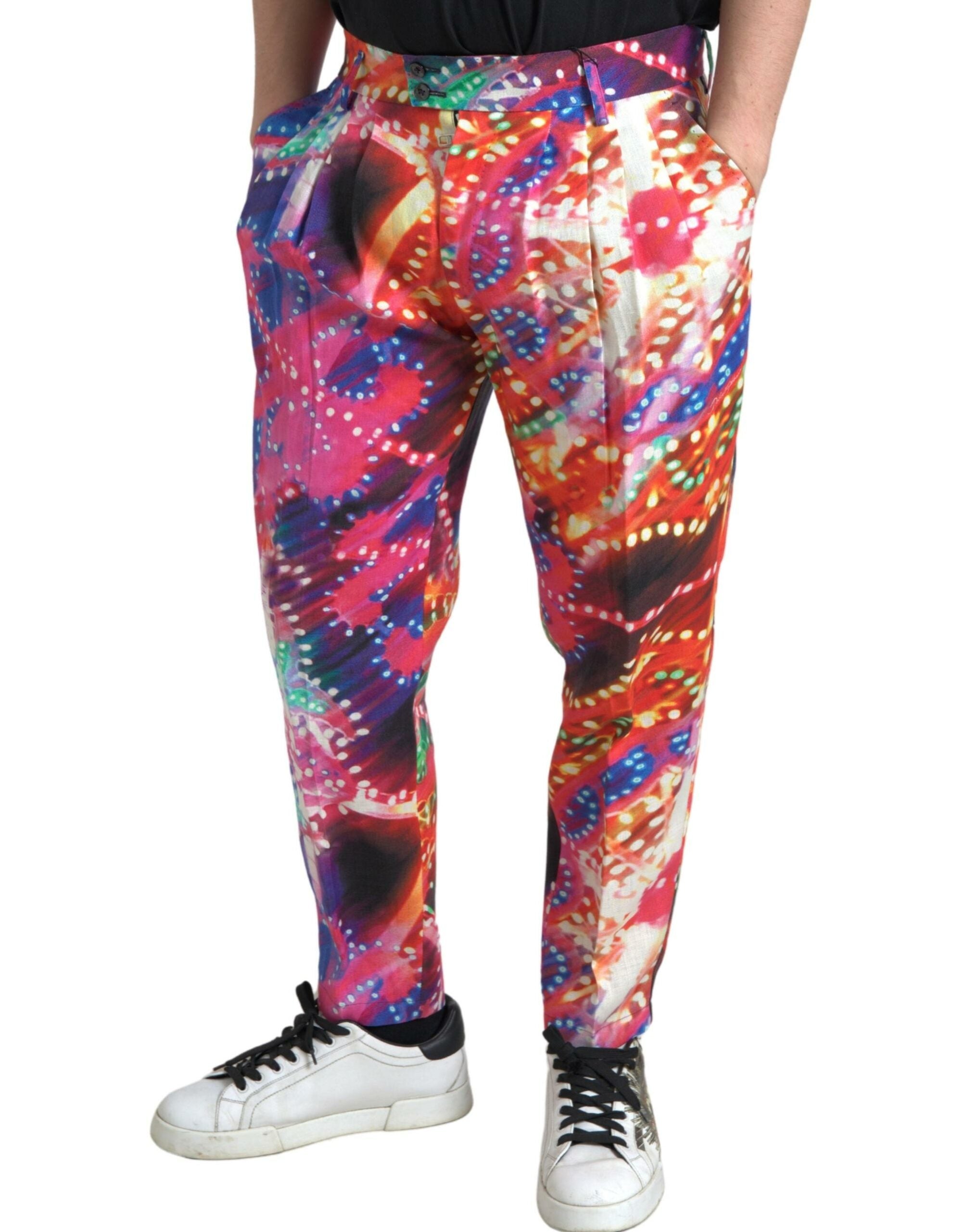 Multicolor printed linen men's trouser pants from Dolce & Gabbana with a relaxed fit and vibrant pattern.