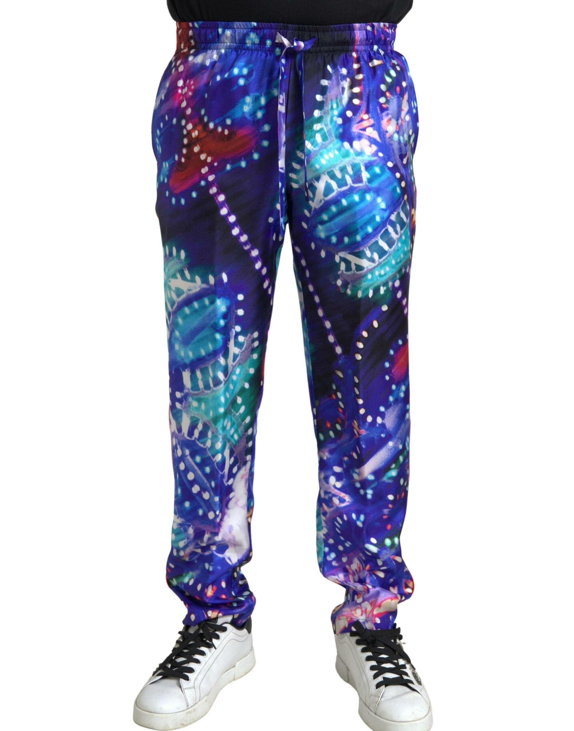Multicolor printed silk men's trouser pants by Dolce & Gabbana, featuring vibrant patterns and a tailored fit.