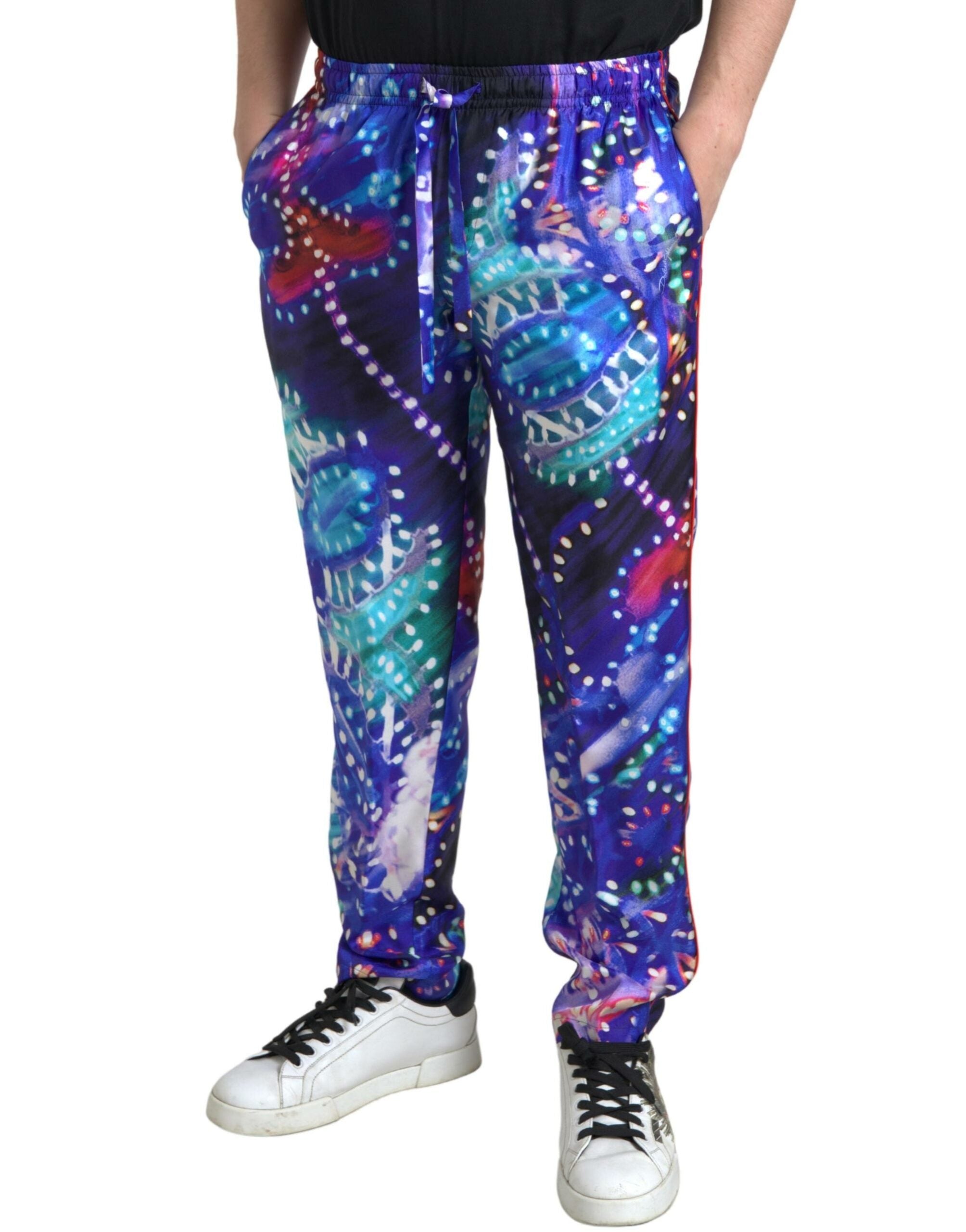 Multicolor printed silk men's trouser pants by Dolce & Gabbana, showcasing vibrant patterns and luxurious fabric.
