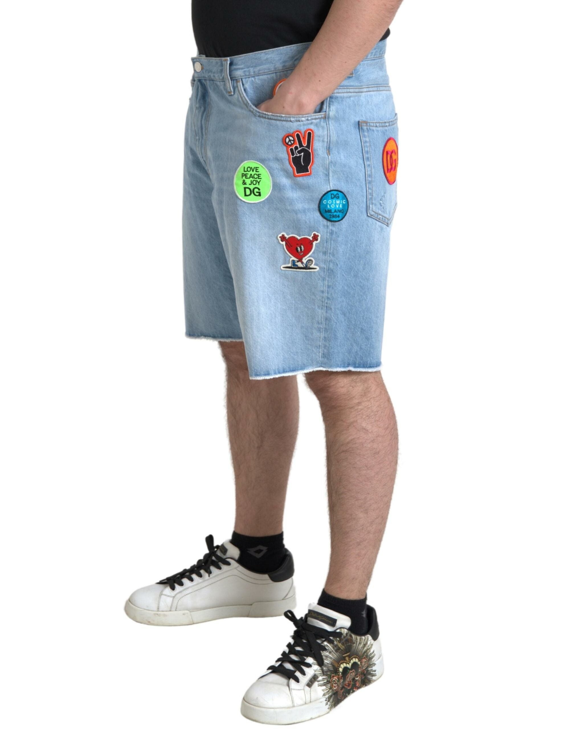 Light blue cotton denim Bermuda shorts for men by Dolce & Gabbana, featuring classic fit and casual style.
