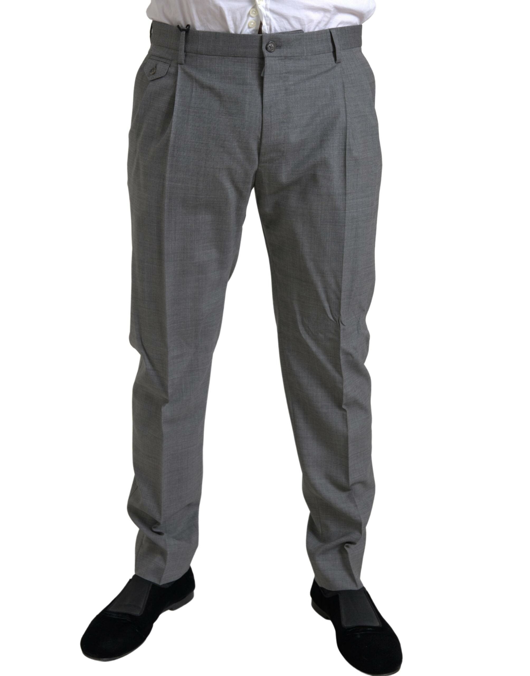 Gray wool chino skinny men's dress trousers by Dolce & Gabbana, shown on a hanger against a plain background.
