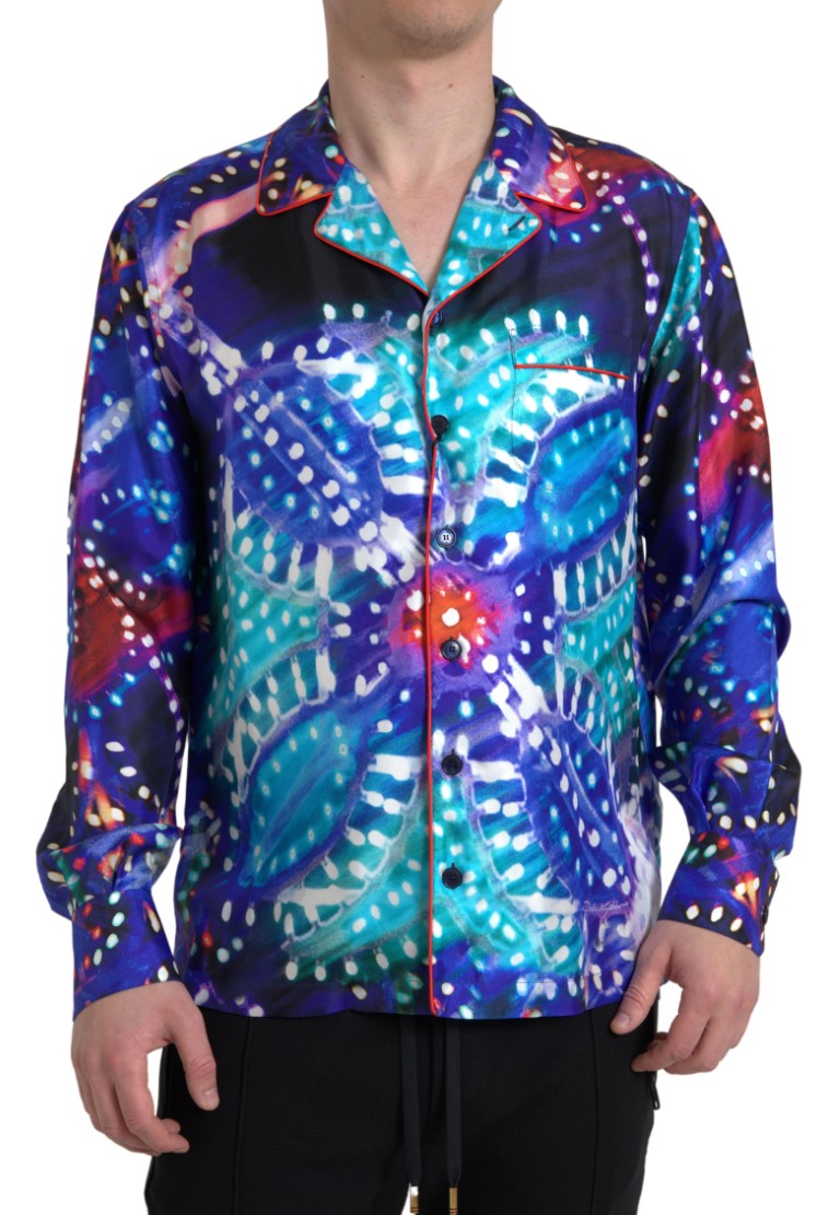 Multicolor silk psychedelic print men's pajama shirt by Dolce & Gabbana, featuring vibrant patterns and a relaxed fit.