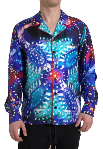 Multicolor silk psychedelic print men's pajama shirt by Dolce & Gabbana, featuring vibrant patterns and a relaxed fit.