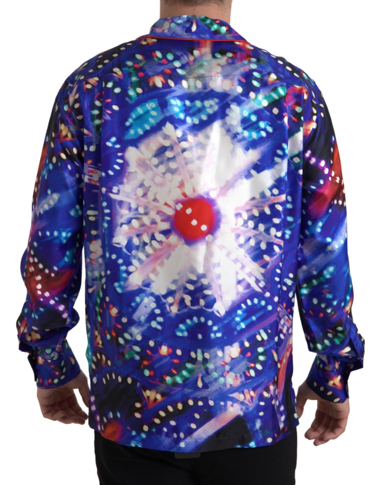 Multicolor silk psychedelic print men's pajama shirt by Dolce & Gabbana, featuring vibrant pattern and relaxed fit.