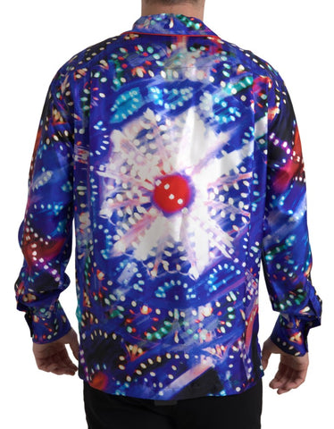 Multicolor silk psychedelic print men's pajama shirt by Dolce & Gabbana, featuring vibrant pattern and relaxed fit.