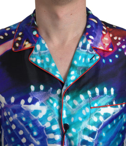 Multicolor silk psychedelic print men's pajama shirt by Dolce & Gabbana with vibrant, abstract patterns and a relaxed fit.