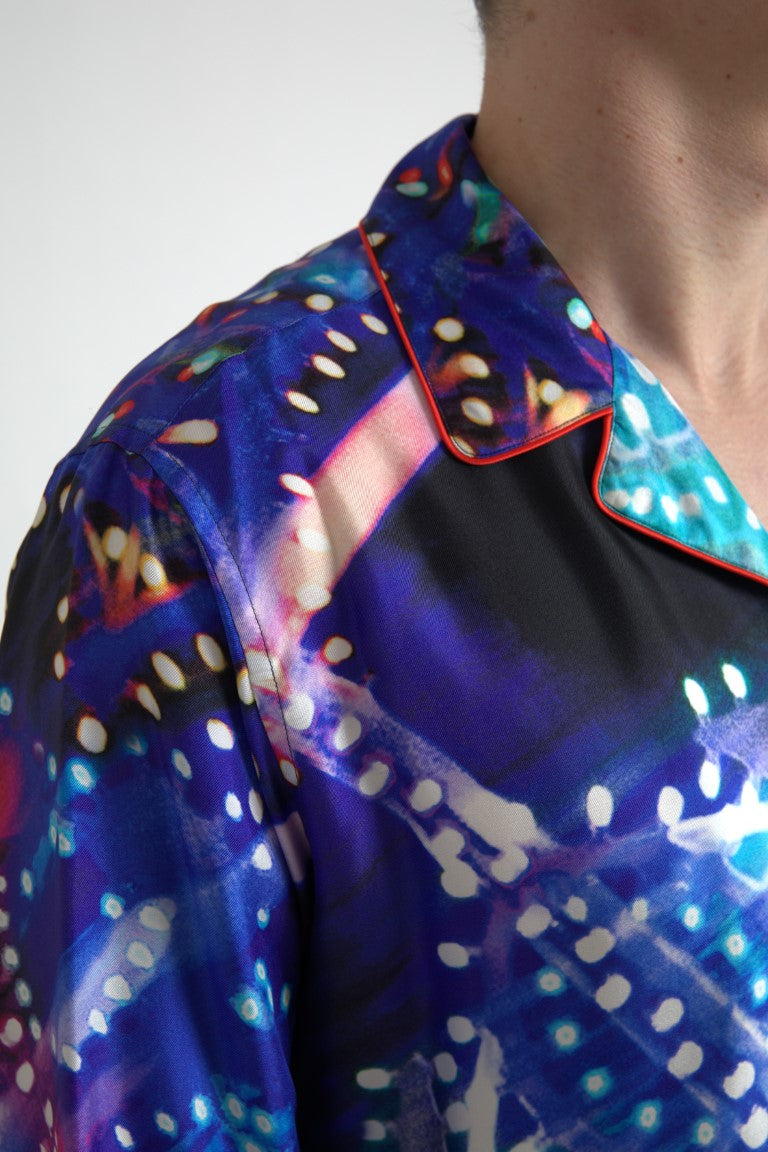 Multicolor silk psychedelic print men's pajama shirt by Dolce & Gabbana featuring vibrant patterns and a relaxed fit.