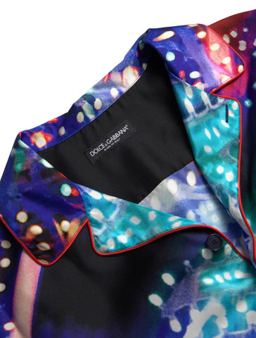 Multicolor silk psychedelic print men's pajama shirt by Dolce & Gabbana displayed on a hanger with vibrant pattern details.