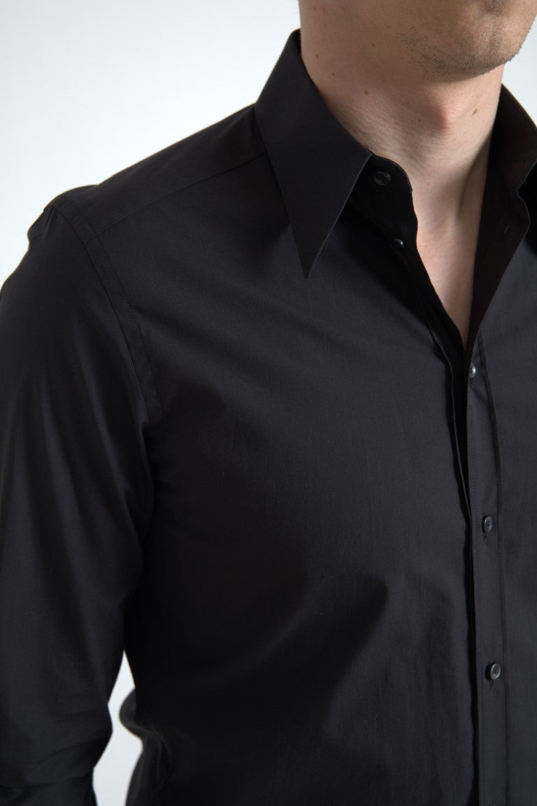 Black cotton long sleeve men's Martini shirt by Dolce & Gabbana, featuring a classic design and tailored fit.