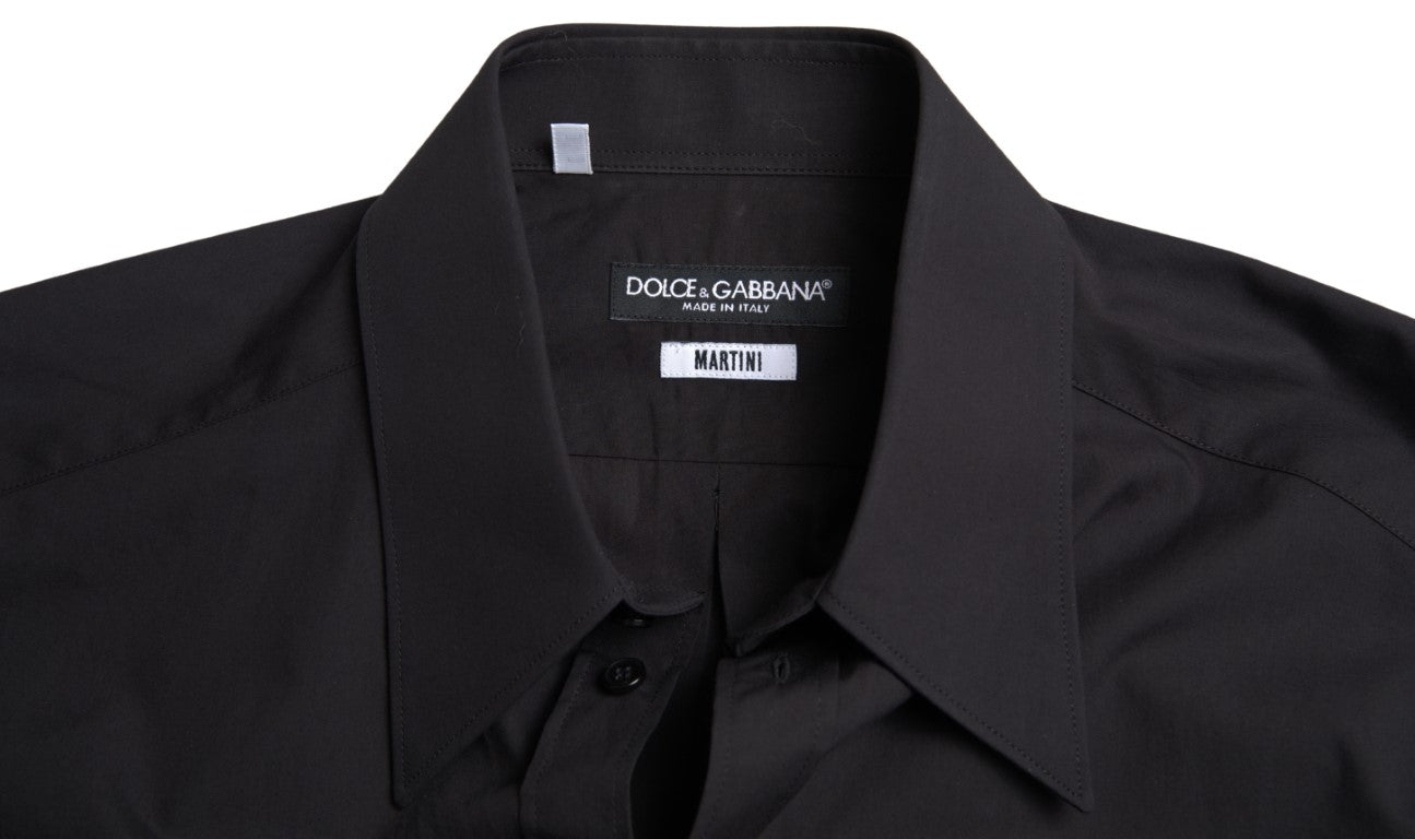 Black cotton men's long sleeve Martini shirt by Dolce & Gabbana, featuring a tailored fit and classic collar.