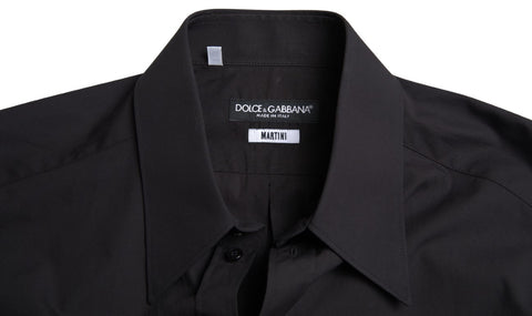 Black cotton men's long sleeve Martini shirt by Dolce & Gabbana, featuring a tailored fit and classic collar.