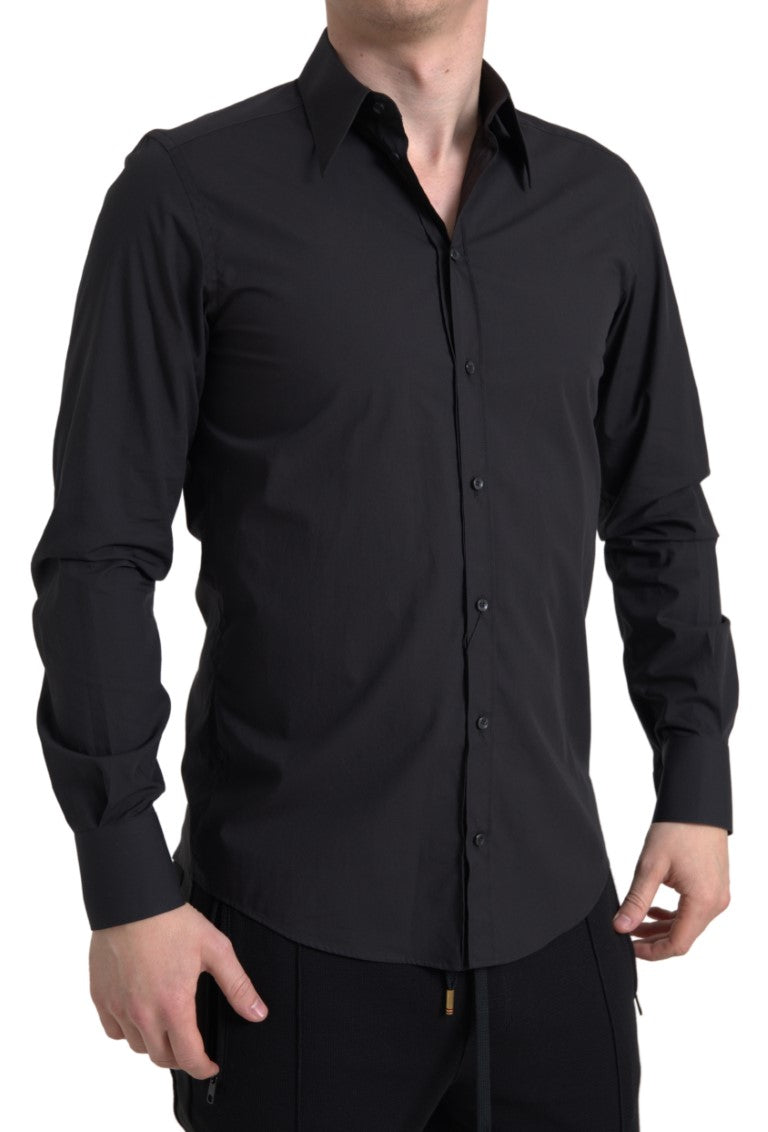 Black cotton long-sleeve men's Martini shirt by Dolce & Gabbana, featuring a tailored fit and classic collar.
