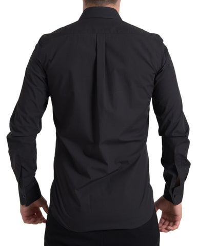 Black cotton men's long sleeve Martini shirt by Dolce & Gabbana, featuring a classic fit and button-down front.