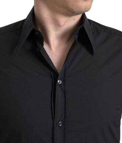 Black cotton men's long sleeve Martini shirt by Dolce & Gabbana, featuring a classic fit and stylish design.