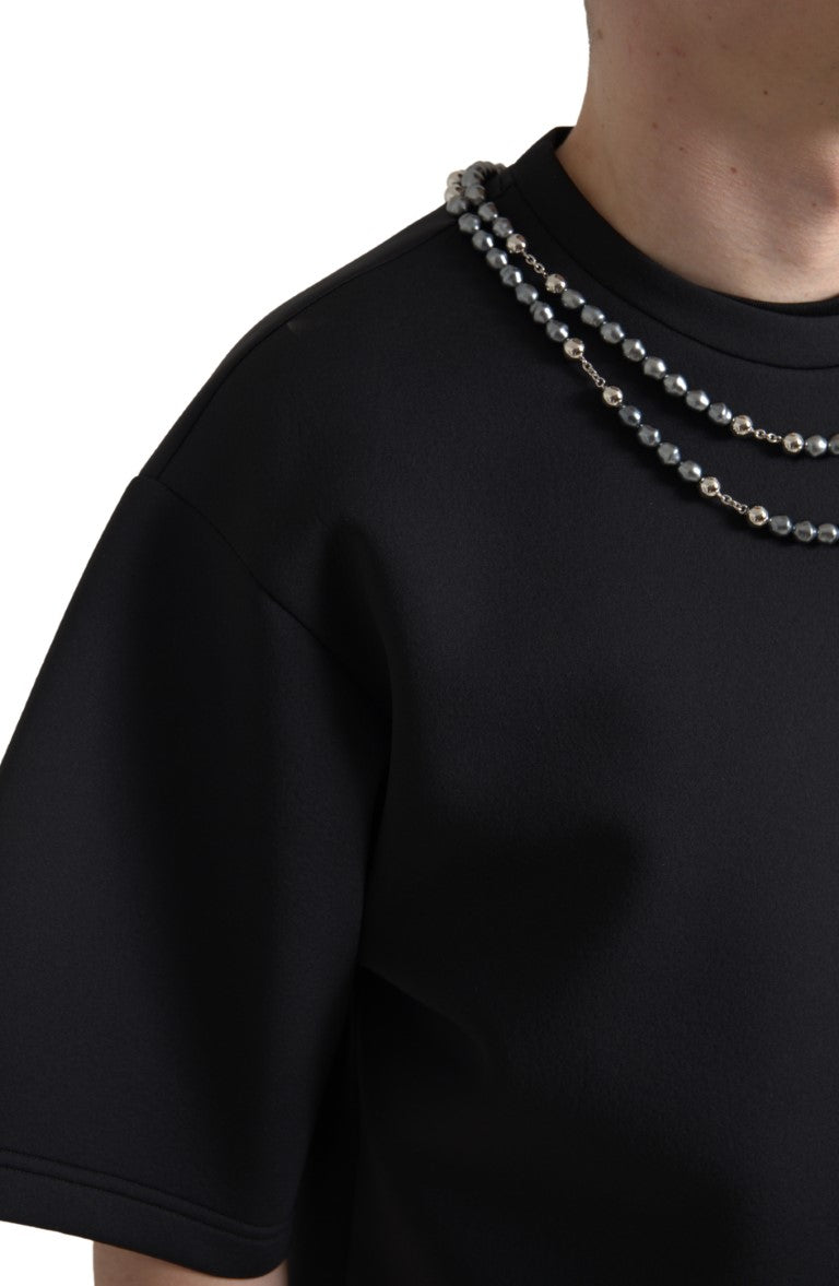 Black polyester T-shirt with a decorative necklace embellishment from Dolce & Gabbana, featuring a stylish and modern design.