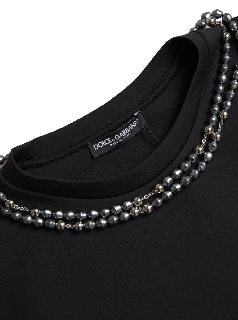 Black polyester T-shirt with embellished necklace detail by Dolce & Gabbana, featuring a stylish, modern design.