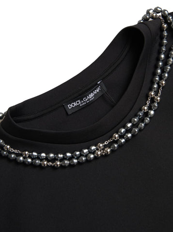Black polyester T-shirt with embellished necklace detail by Dolce & Gabbana, featuring a stylish, modern design.