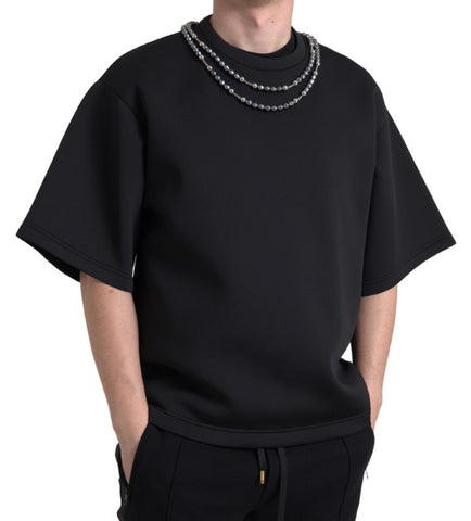 Black polyester T-shirt with Dolce & Gabbana logo and embellished necklace design on the front.