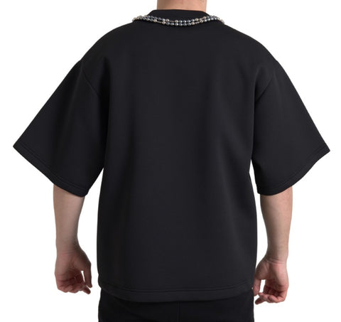 Black Dolce & Gabbana polyester T-shirt with embellished necklace detail, showcasing a stylish and modern casual look.
