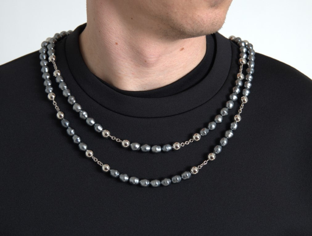 Black polyester T-shirt with embellished necklace detail from Dolce & Gabbana, featuring a stylish, modern design.