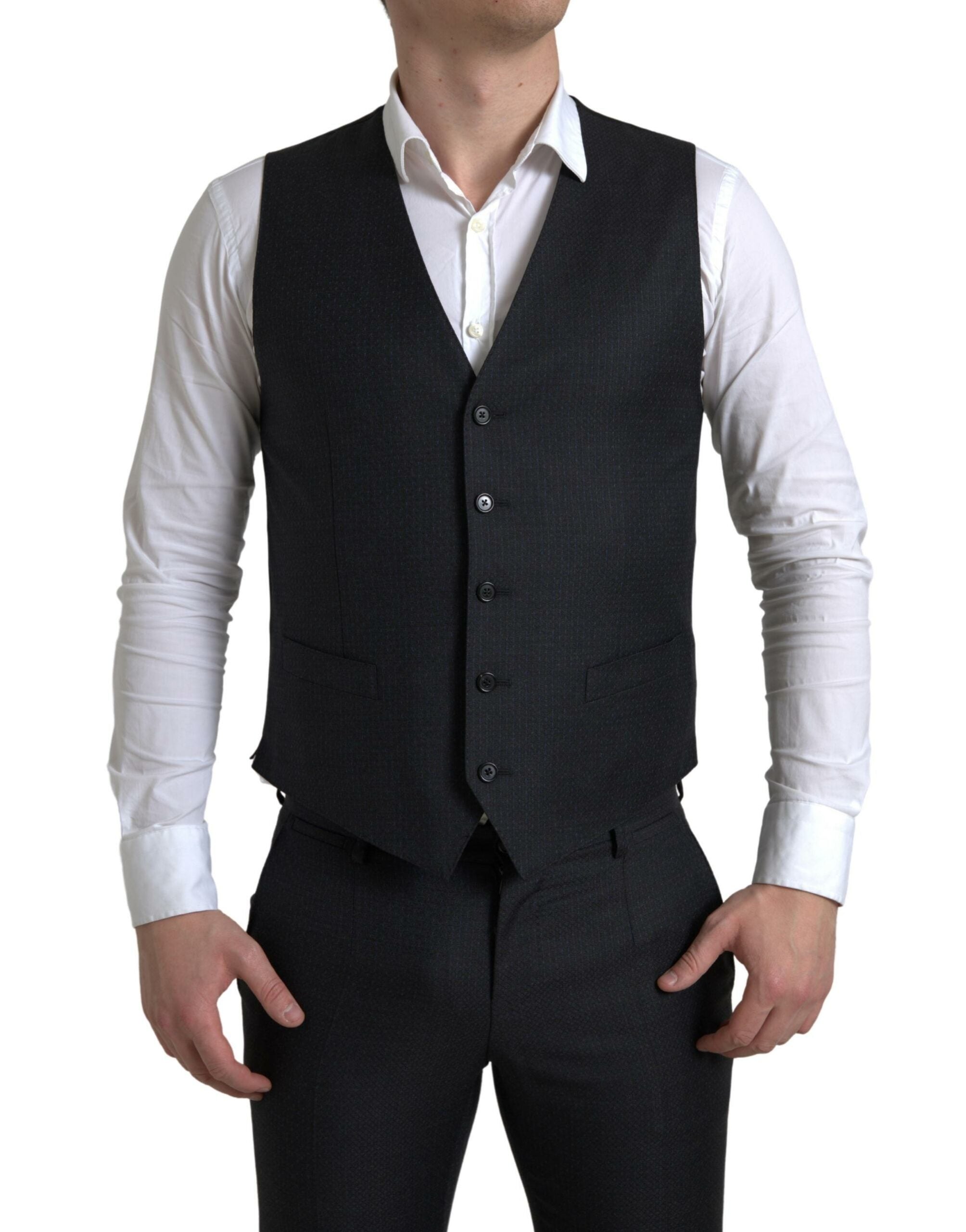 Black Dolce & Gabbana 3-piece single-breasted Martini suit, tailored fit with notch lapel, displayed on a mannequin.