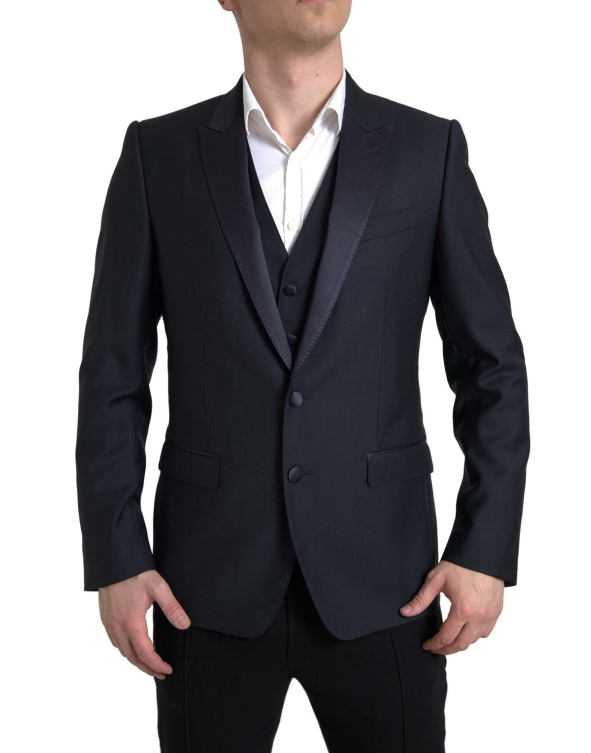 Blue 2-piece single-breasted Martini suit by Dolce & Gabbana, featuring tailored lapels and sleek design.