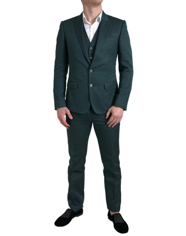 Green Dolce & Gabbana 3-piece Martini suit with single-breasted jacket, matching trousers, and vest on a model.