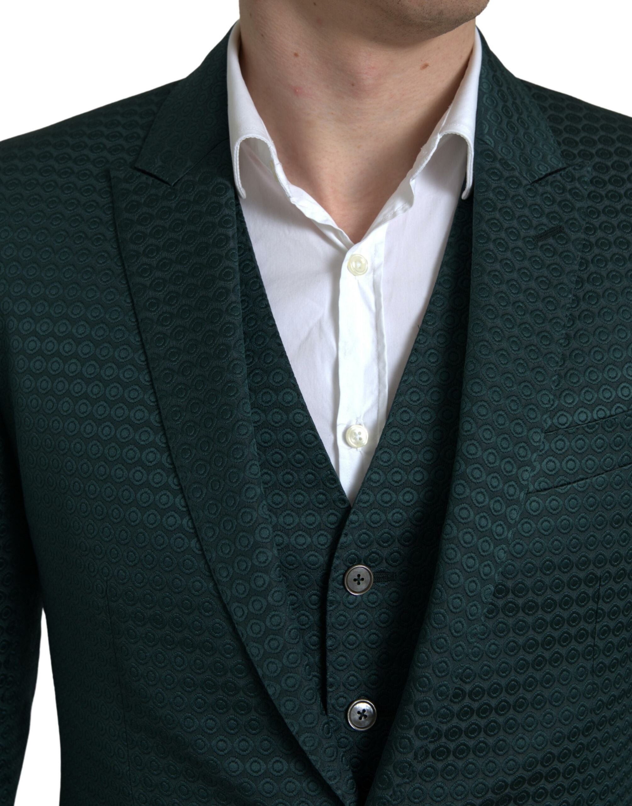 Green Dolce & Gabbana 3-piece single-breasted Martini suit, tailored fit, with matching trousers and jacket, stylish formal menswear.