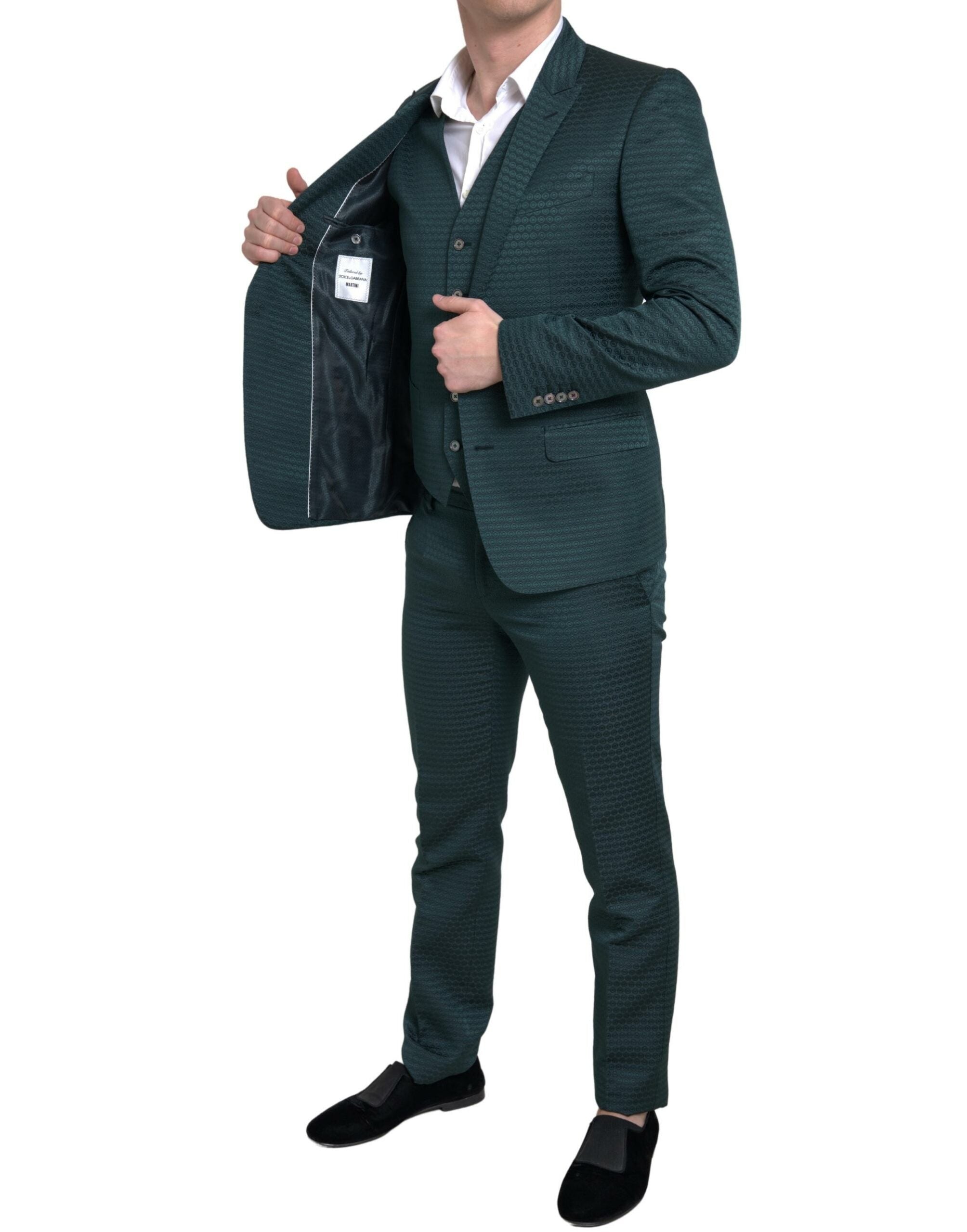 Green Dolce & Gabbana 3-piece single-breasted Martini suit, tailored with a sleek fit and stylish lapel details.