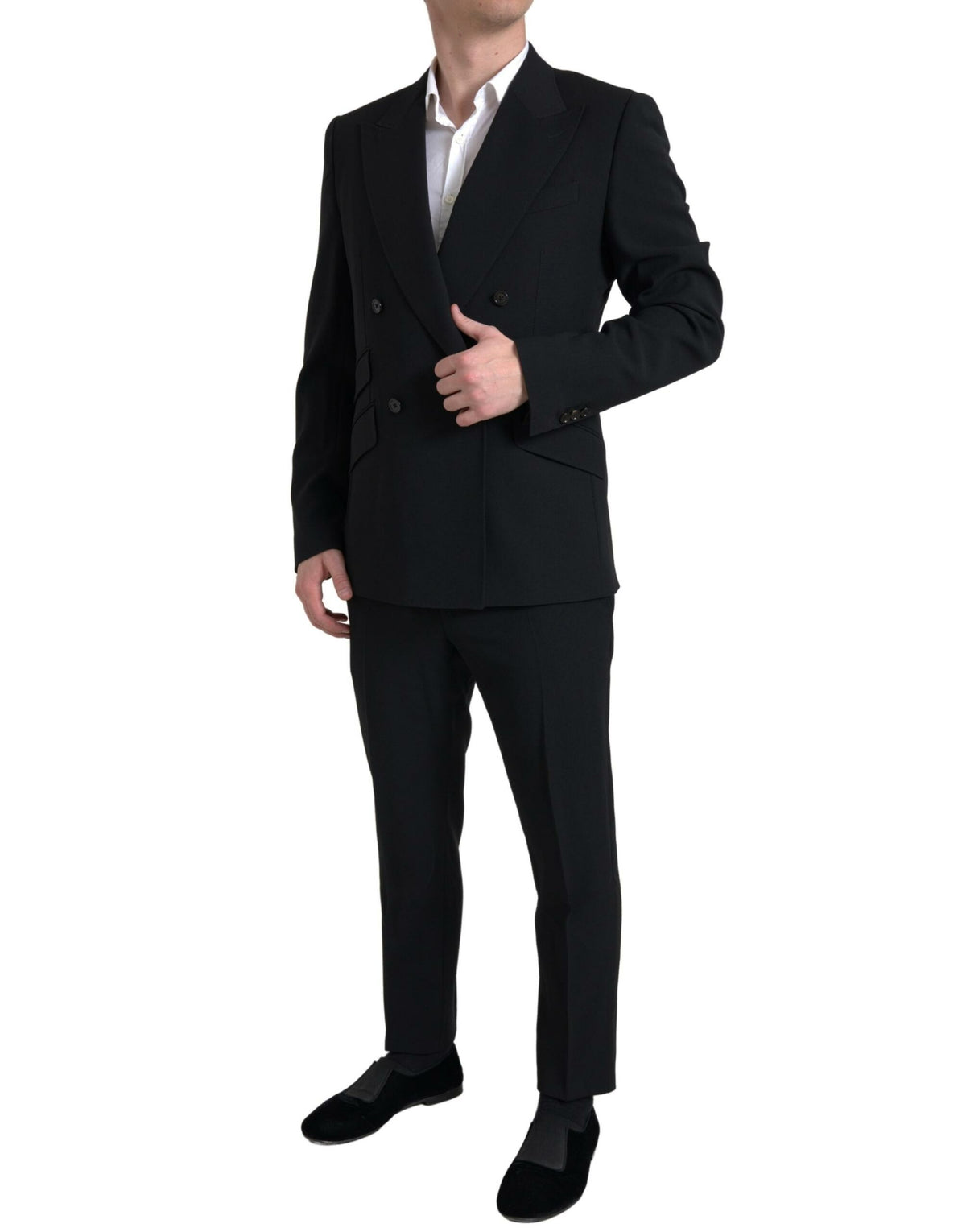 Black Dolce & Gabbana Sicilia 2-piece double-breasted suit, tailored fit with lapel collar and stylish design, displayed on a mannequin.