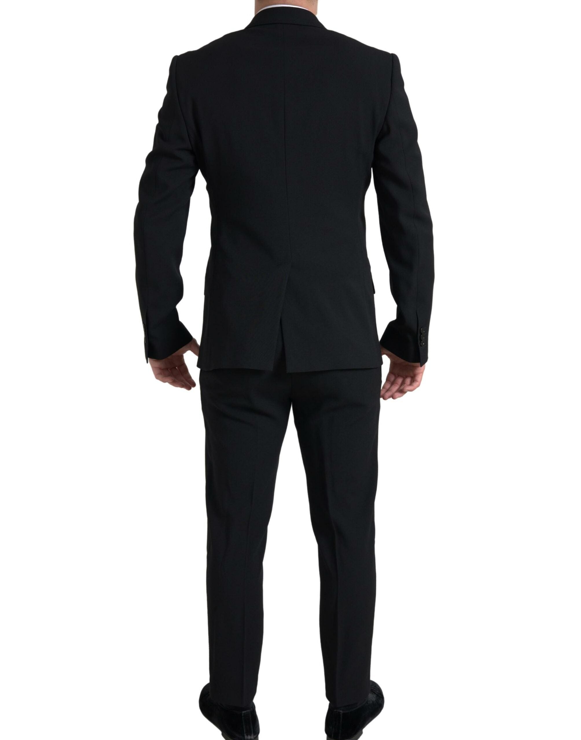 Black Dolce & Gabbana Sicilia suit, two-piece double-breasted blazer and matching trousers, tailored fit, elegant formal wear.
