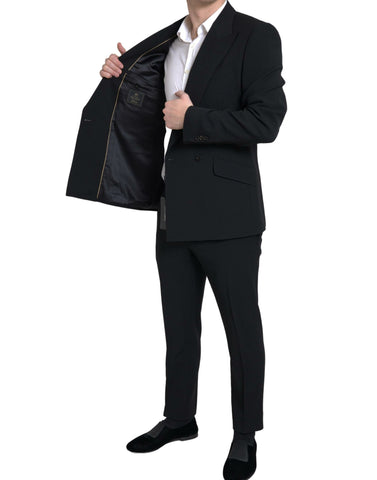 Black Dolce & Gabbana Sicilia 2-piece double-breasted suit, tailored blazer and matching trousers, displayed on a hanger.