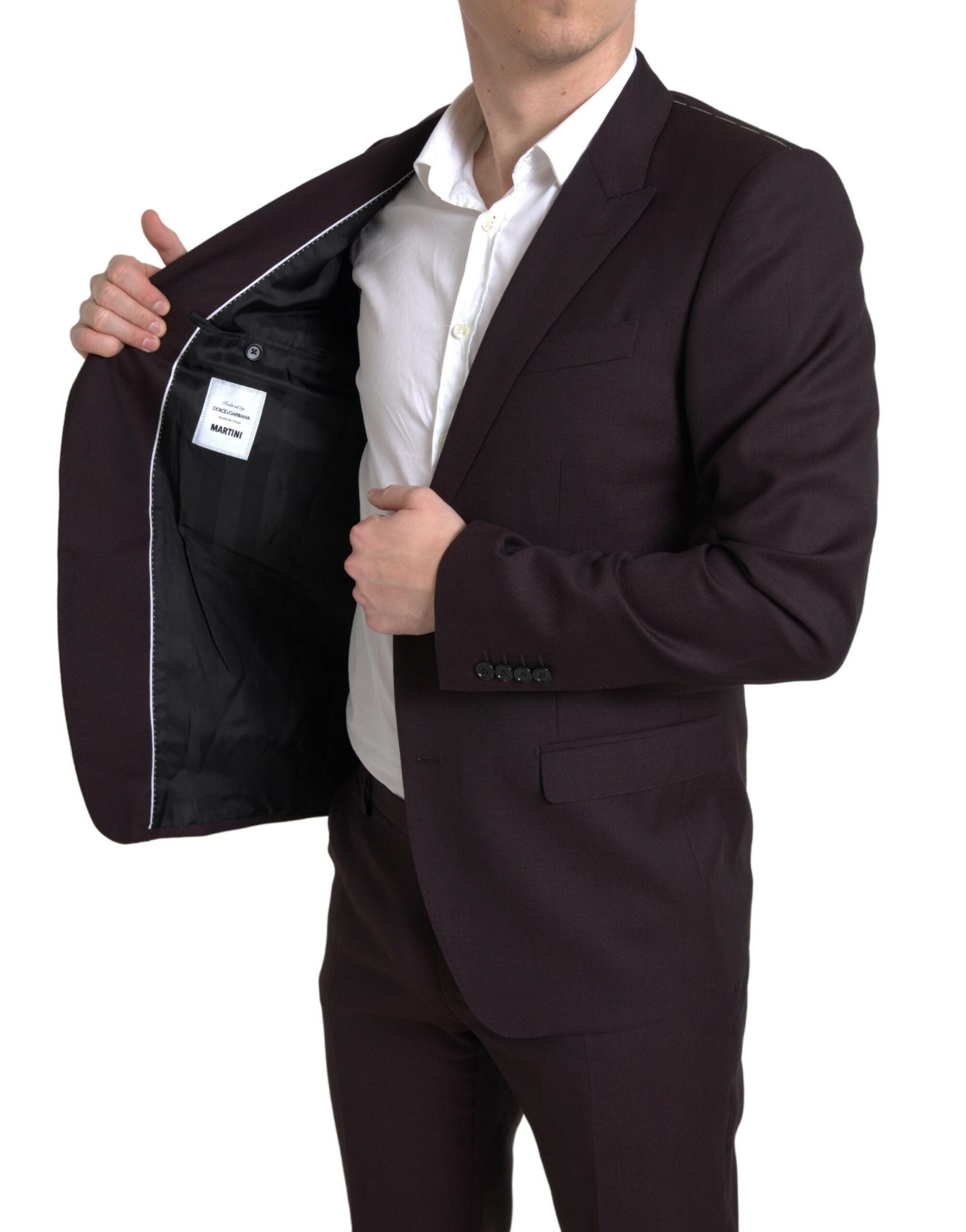 Maroon Dolce & Gabbana 2-piece single-breasted Martini suit, tailored for a sleek, stylish look.