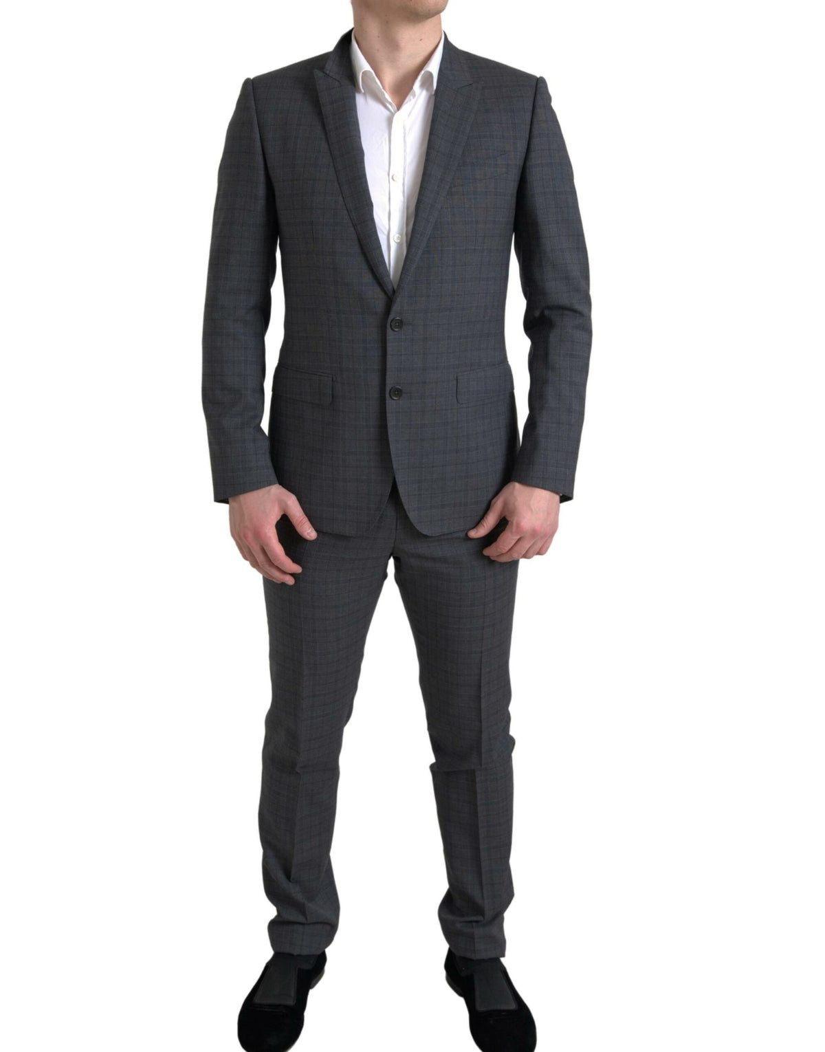 Gray Dolce & Gabbana 2-piece single-breasted Martini suit, tailored fit with notch lapel and stylish design, shown on a mannequin.
