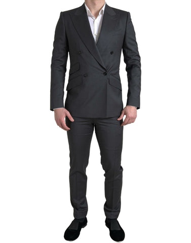 Gray Dolce & Gabbana Sicilia 2-piece double-breasted suit, tailored fit, with lapel collar and matching trousers on a mannequin.