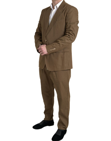Brown Dolce & Gabbana 2-piece single-breasted TAORMINA suit displayed on a hanger, showing the tailored jacket and matching trousers.
