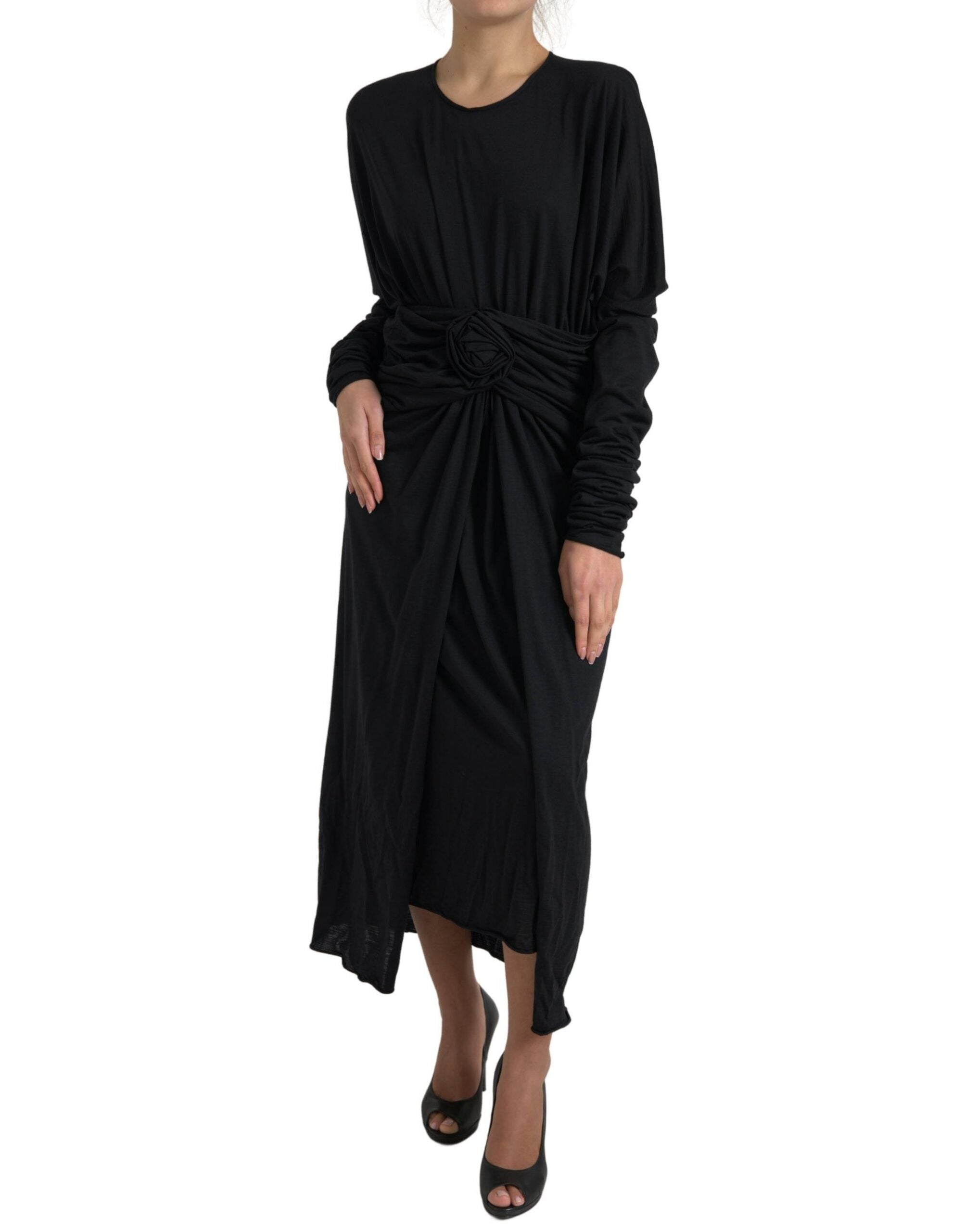 Black wool wrap sheath midi gown dress by Dolce & Gabbana, featuring a sleek silhouette and elegant design.