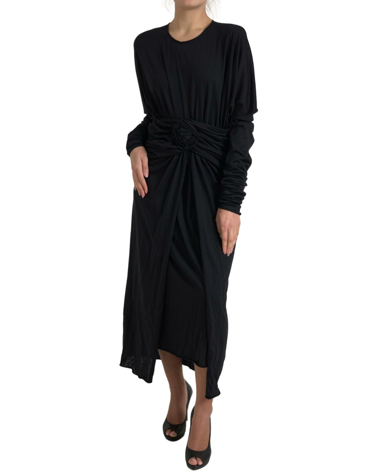 Black wool wrap sheath midi gown dress by Dolce & Gabbana, featuring a sleek silhouette and elegant design.
